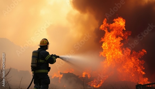 Brave firefighter battling wildfire flames