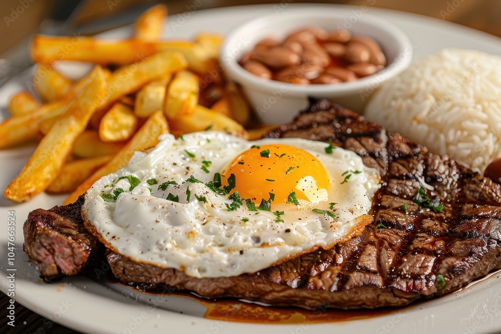 A serving of bife a cavalo, a grilled steak topped with a fried egg, served with rice, beans, and French fries. A serving of bife a cavalo, a grilled steak topped with a fried egg, served with rice, beans, and French fries.