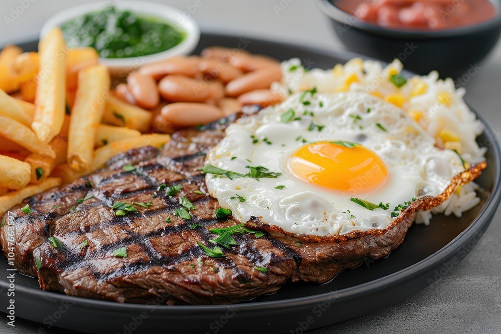A serving of bife a cavalo, a grilled steak topped with a fried egg, served with rice, beans, and French fries. A serving of bife a cavalo, a grilled steak topped with a fried egg, served with rice, beans, and French fries.