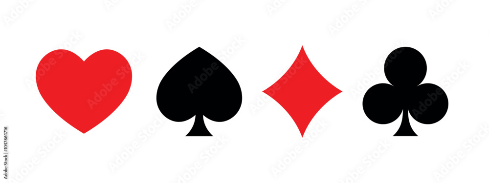 Card suit icons set, clubs, diamonds, hearts, spades symbols, Casino Poker and gambling graphic element, red and black vector design elements Card suit icons set, clubs, diamonds, hearts, spades symbols, Casino Poker and gambling graphic element, red and black vector design elements