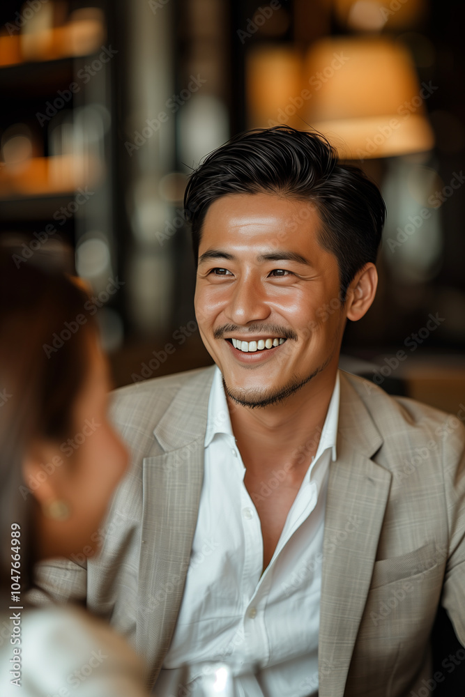 Obraz premium Business men and women are talking in a cafe.