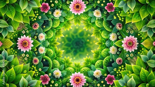 Symmetrical abstract floral background with green leaves and flowers