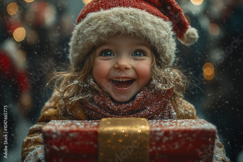 A child excitedly opening a gift left by St. Nicholas, representing the joy of receiving presents during the holiday season. Concept of holiday joy.