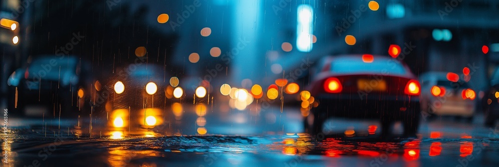 Fototapeta premium Blurred city car lights reflect on wet streets during nighttime rain.