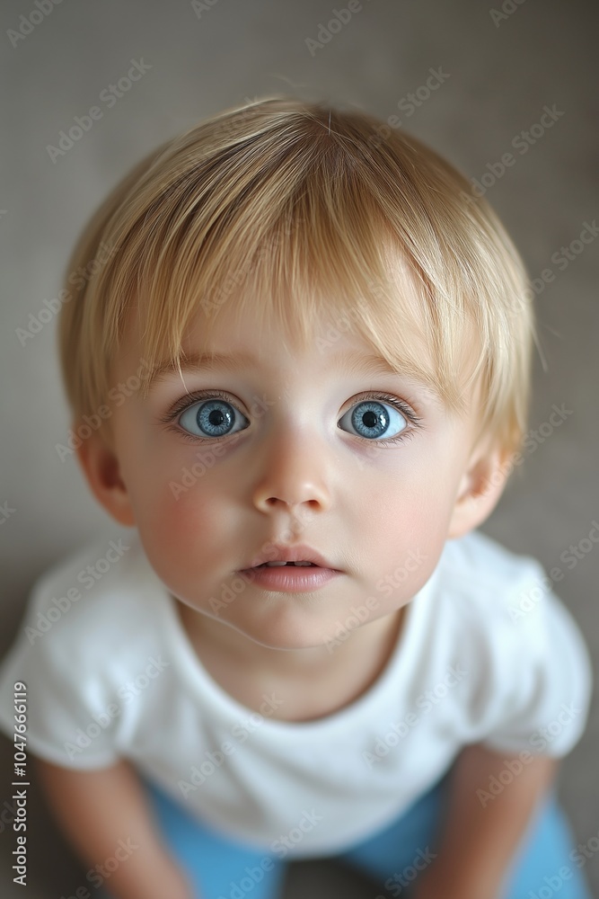A cute toddler with big blue eyes gazes upward, capturing innocence and curiosity in an enchanting portrait photo. A cute toddler with big blue eyes gazes upward, capturing innocence and curiosity in an enchanting portrait photo.