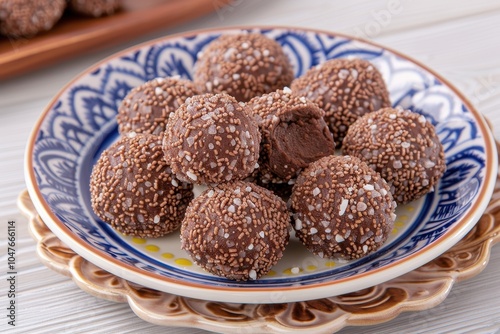 A serving of brigadeiros, Brazilian chocolate truffles sprinkled with chocolate sprinkles, arranged artfully on a decorative plate