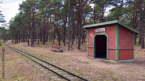 Narrow gauge railway stop named Priedes located in a pine forest during autumn in Ventspils, Latvia, with a small red wooden shelter and a railway track surrounded by nature photo