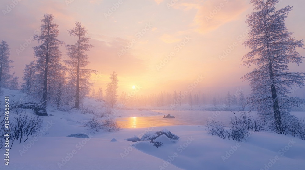 A tranquil winter landscape with snow-covered trees and a soft sunset in the background, evoking serenity and peace. A tranquil winter landscape with snow-covered trees and a soft sunset in the background, evoking serenity and peace.