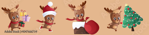 Merry Christmas. A fun set of activities for the happy deer. Christmas card, banner, flyer design with cartoon vector illustration