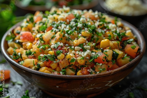 A serving of calabacitas, a vegetable medley with zucchini, corn, tomatoes, and cheese, garnished with fresh cilantro