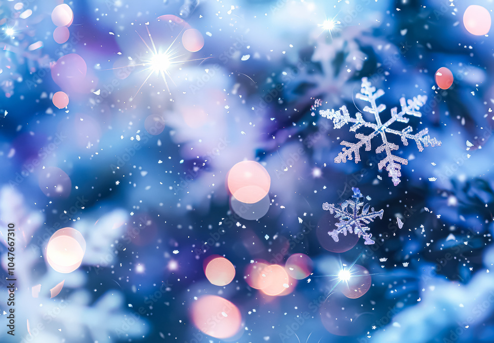 Blue background with snowflakes and a yellow snowflake. The snowflakes are scattered throughout the image, with some larger and some smaller. Scene is festive and joyful Blue background with snowflakes and a yellow snowflake. The snowflakes are scattered throughout the image, with some larger and some smaller. Scene is festive and joyful