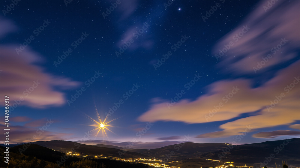 Fototapeta premium Bright Star Shining in Night Sky Over Valley for Epiphany