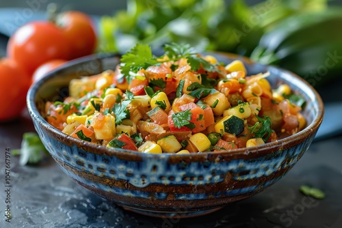 A serving of calabacitas, a vegetable medley with zucchini, corn, tomatoes, and cheese, garnished with fresh cilantro photo