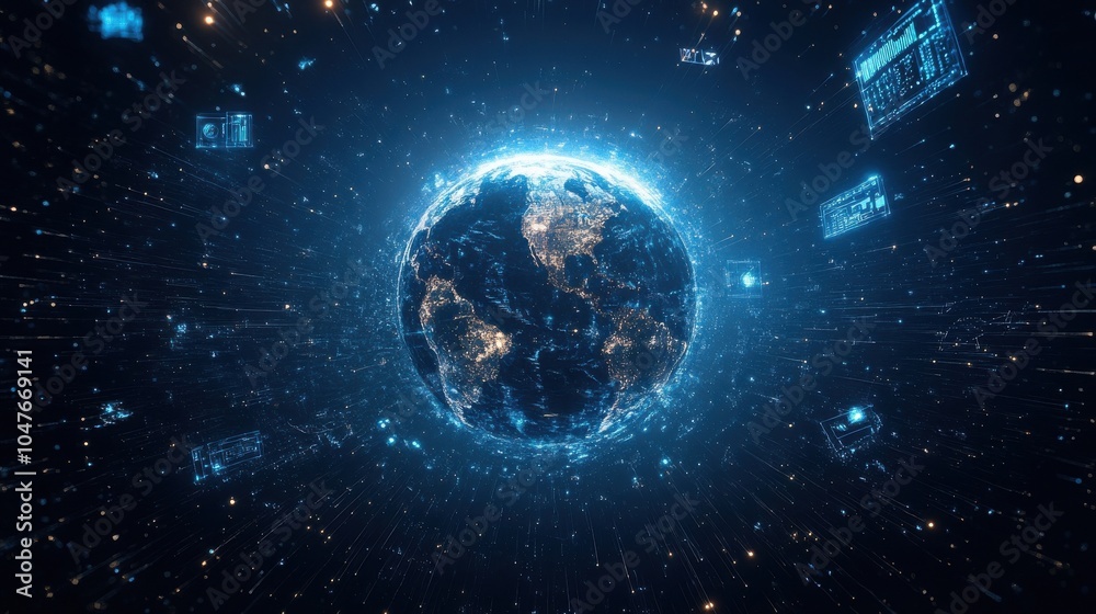 Fototapeta premium Planet Earth surrounded by floating technology icons