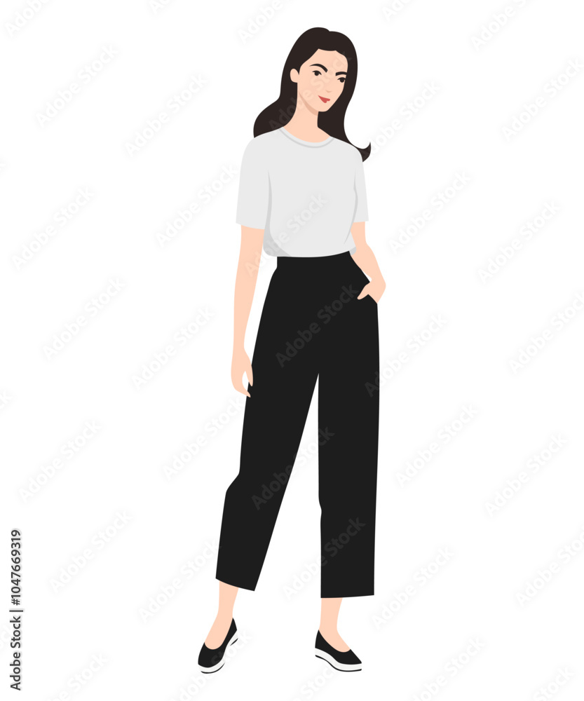 Vector illustration of a girl in a casual look with a white short-sleeved top and black pants. Simple casual Vector illustration of a girl in a casual look with a white short-sleeved top and black pants. Simple casual