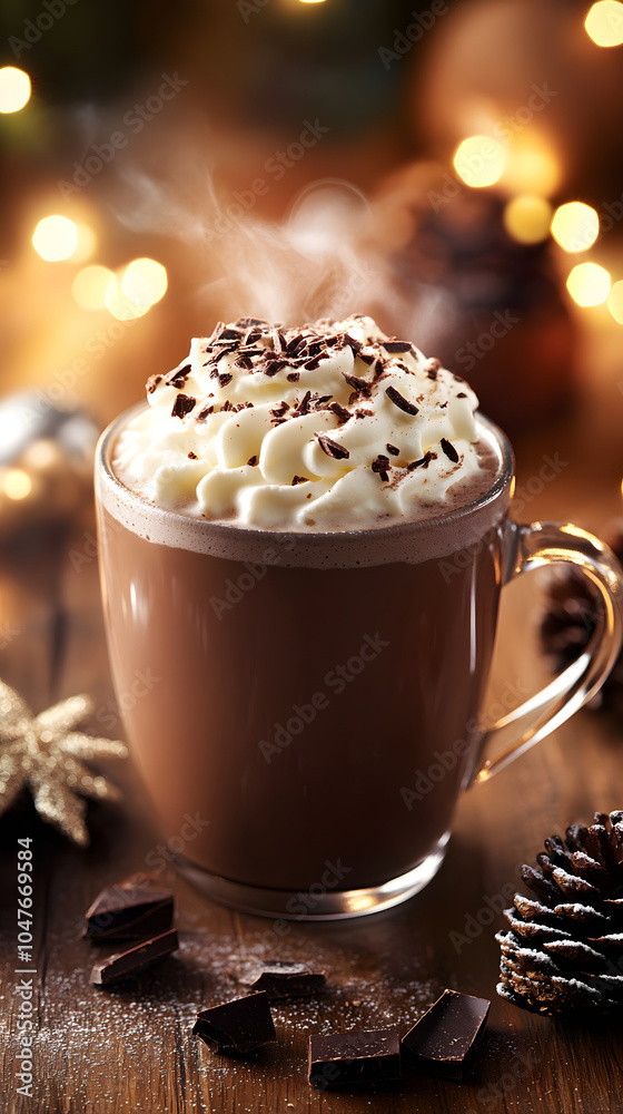 A cozy cup of hot chocolate topped with whipped cream and chocolate shavings, perfect for winter gatherings. A cozy cup of hot chocolate topped with whipped cream and chocolate shavings, perfect for winter gatherings.