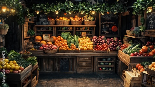 Rustic grocery stall with wooden crates overflowing with fresh fruits and veggies.