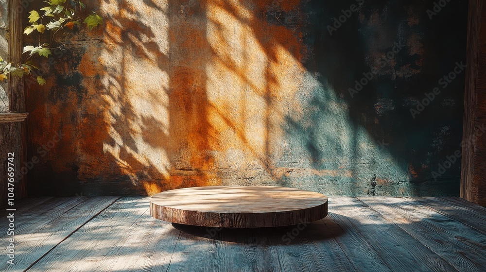 Fototapeta premium Rustic wooden podium with a natural finish, highlighted by warm, natural light.