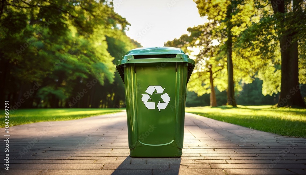 Lixeira Verde com Símbolo de Reciclagem em Parque Ensolarado Lixeira Verde com Símbolo de Reciclagem em Parque Ensolarado