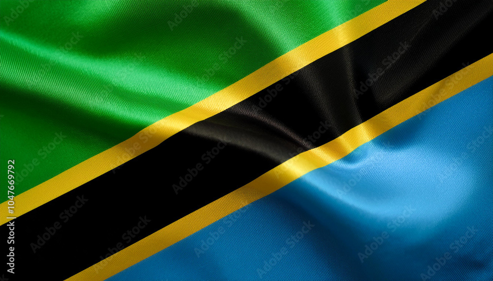 United Republic of Tanzania flag waving in the wind. Close up of United Republic of Tanzania banner blowing, soft and smooth silk. United Republic of Tanzania flag waving in the wind. Close up of United Republic of Tanzania banner blowing, soft and smooth silk.