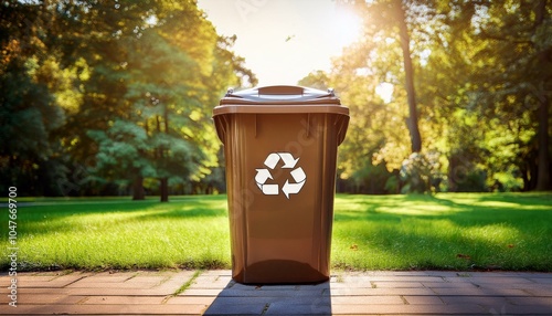 Lixeira Marrom com Símbolo de Reciclagem em Parque Ensolarado photo