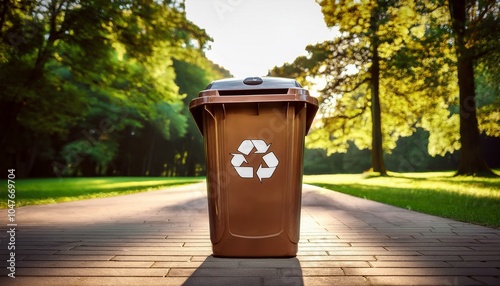 Lixeira Marrom com Símbolo de Reciclagem em Parque Ensolarado