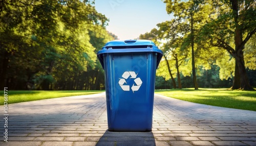 Lixeira Azul com Símbolo de Reciclagem em Parque Ensolarado