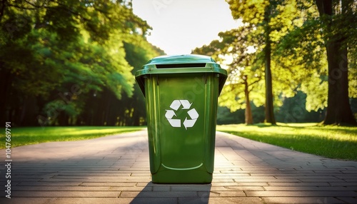Lixeira Verde com Símbolo de Reciclagem em Parque Ensolarado