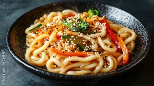 A plate of delicate udon noodles stir-fried with vegetables and sesame seeds.