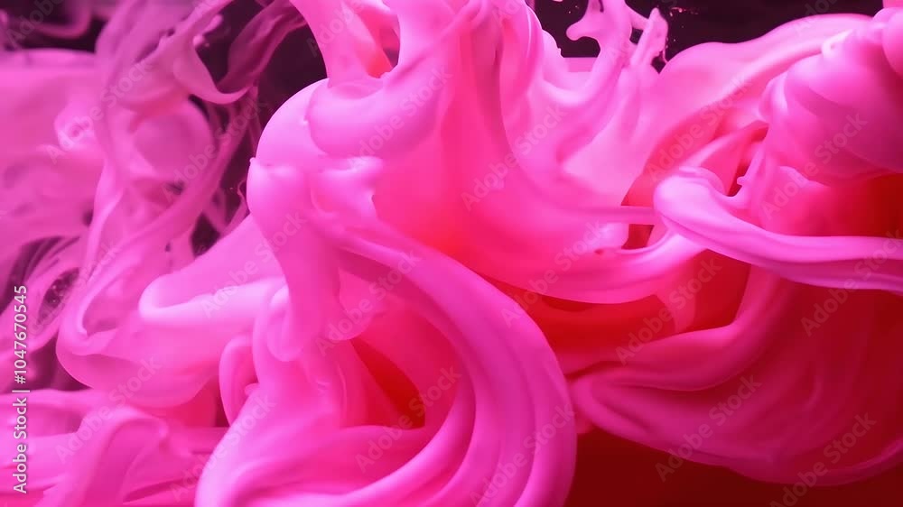 striking 4K slowmotion video drops pink ink paint elegantly swirl disperse water black background creating abstract cloud color that flows mesmerizing beauty inky explosion art blast blend blood blow