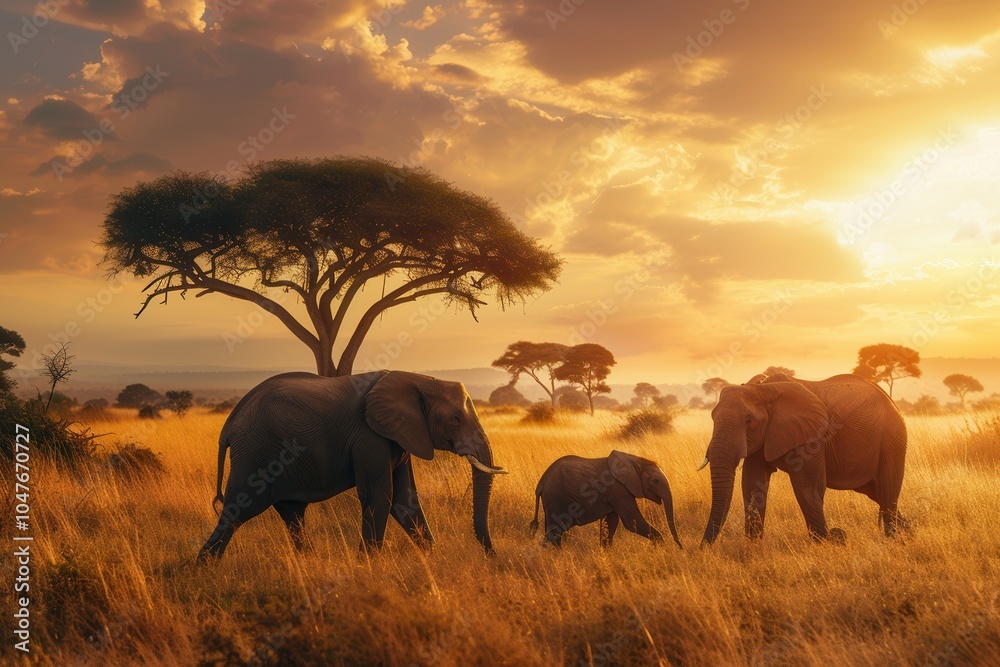 Fototapeta premium A family of elephants strolls across the golden grass of the savanna as the sun sets, casting a warm glow in the sky. Generative AI