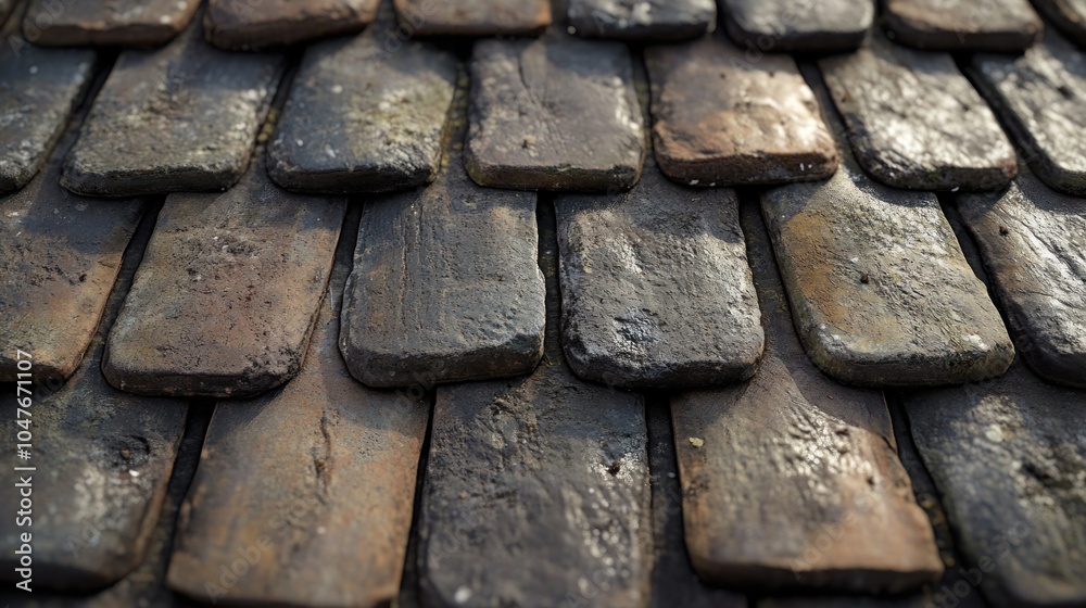 Closeup of an old, weathered, and worn tile roof.