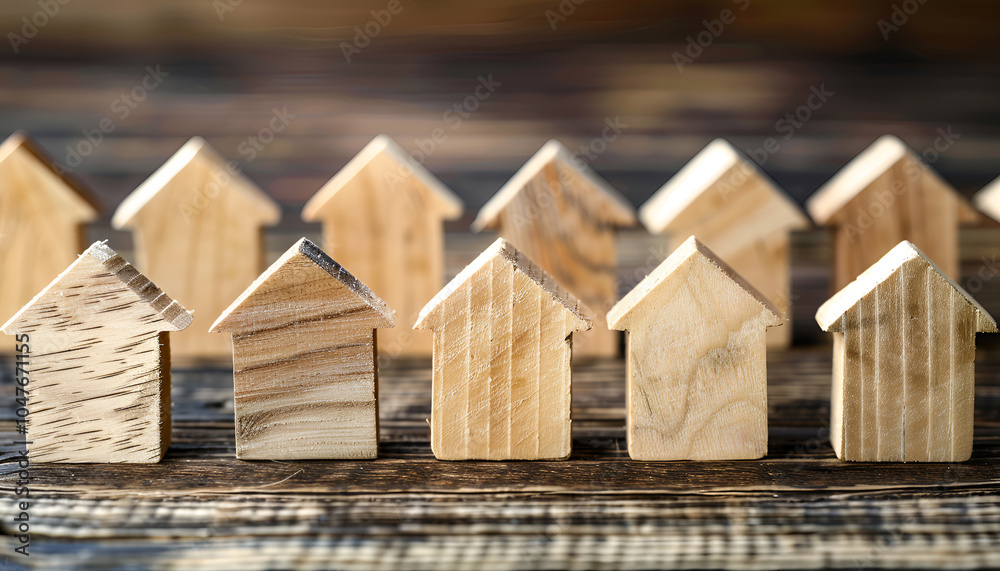 Wooden houses stand in a row. Real estate, affordable housing concept. Valuation of residential buildings. Realtor services. Buying and selling. Find most suitable housing options. Mortgage and loan Wooden houses stand in a row. Real estate, affordable housing concept. Valuation of residential buildings. Realtor services. Buying and selling. Find most suitable housing options. Mortgage and loan