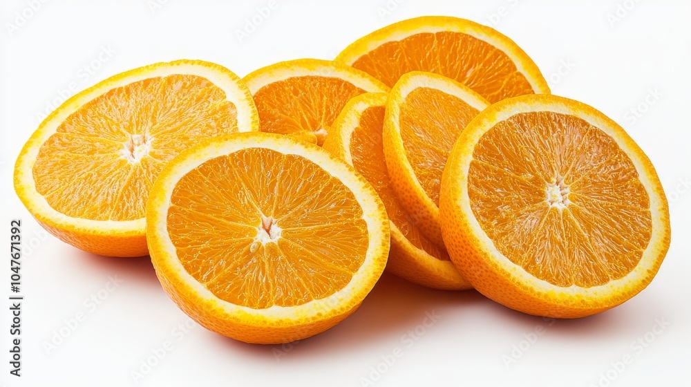 Orange slices and whole oranges, showcased on a white background, highlighting their vivid orange color Orange slices and whole oranges, showcased on a white background, highlighting their vivid orange color