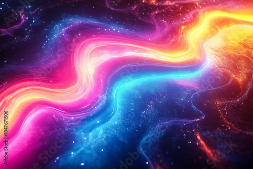 Vibrant swirling nebula with colorful cosmic elements illuminated by starlight in a galactic scene