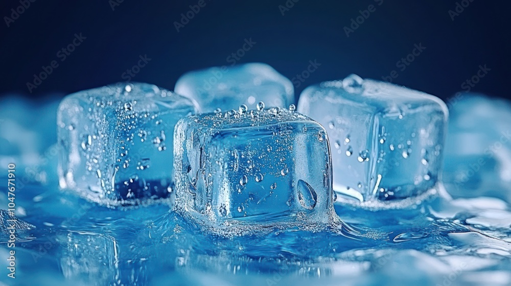 Closeup of four ice cubes melting and reflecting blue light on a dark blue background. Closeup of four ice cubes melting and reflecting blue light on a dark blue background.