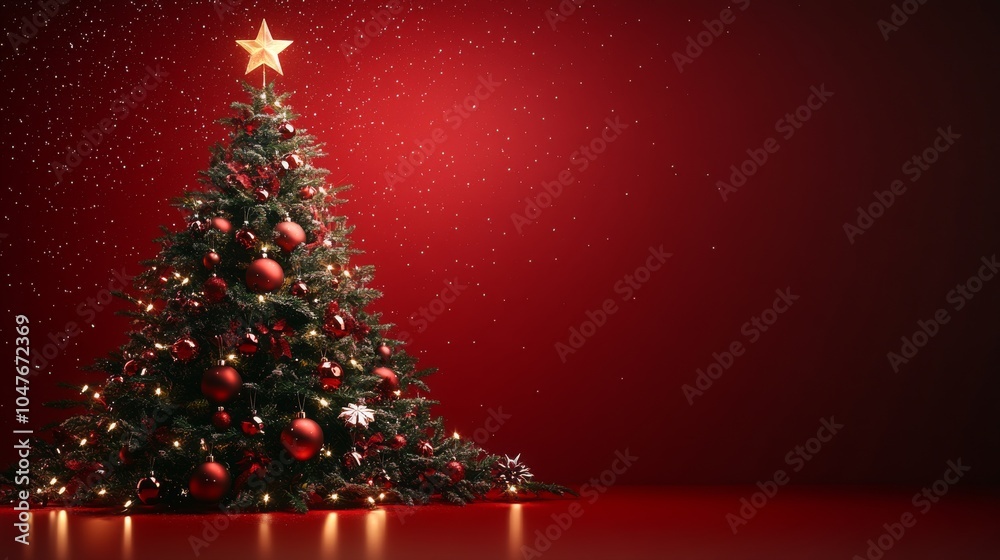 Red background with Christmas tree: A red background featuring a beautifully decorated Christmas tree with ornaments, lights, and a shining star on top Red background with Christmas tree: A red background featuring a beautifully decorated Christmas tree with ornaments, lights, and a shining star on top