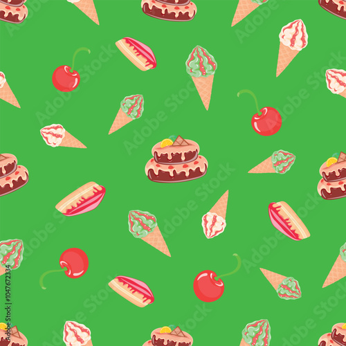 Sweets that are given by nature itself and are very tasty, dessert, confectioner, sugar, vector, illustration, isolated, background, art, food, jam, waffle cone, cherry