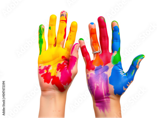 Vibrant handprints showcasing creative expression with colorful paint on a white background