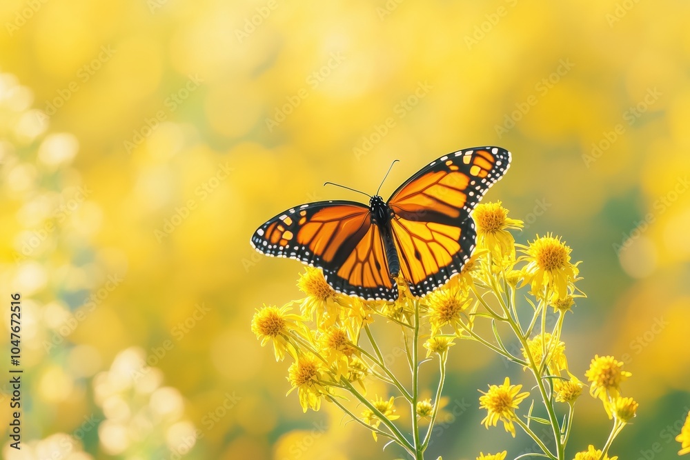A butterfly is perched on a yellow flower A butterfly is perched on a yellow flower