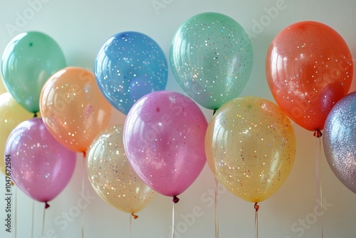 Vibrant collection of colorful balloons against textured wall in bright dayli...