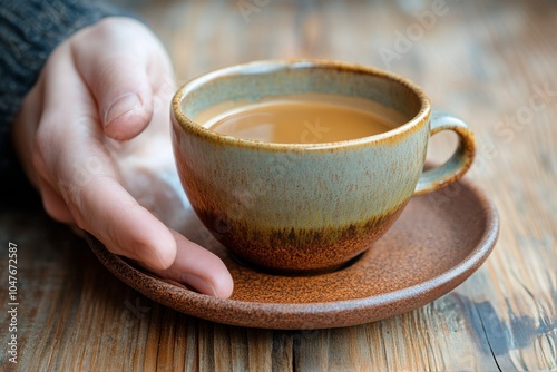 Warm coffee in a handmade cup on a wooden table with greenery in a cozy cafe ...