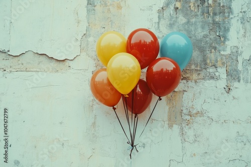Vibrant collection of colorful balloons against textured wall in bright dayli...