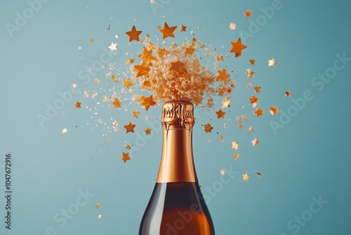 Sparkling champagne bottle surrounded by golden confetti on a blue background...