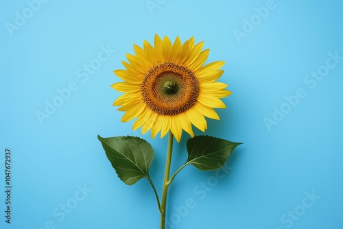 A yellow sunflower with a green leaf on a blue background