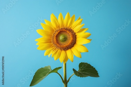 A yellow sunflower is standing tall in a blue sky