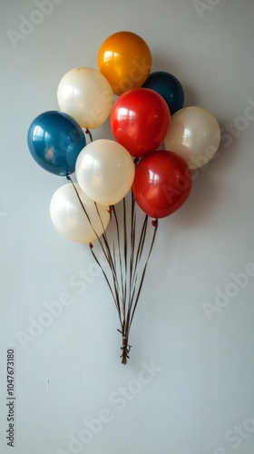 A colorful arrangement of balloons tied together, hanging on a white wall ind...