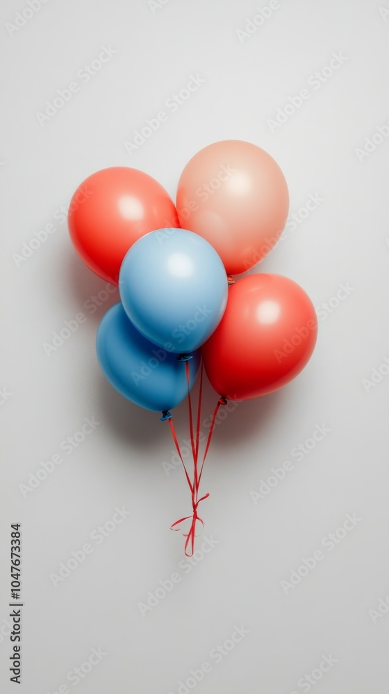 A colorful arrangement of balloons tied together, hanging on a white wall indoors A colorful arrangement of balloons tied together, hanging on a white wall indoors