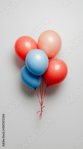 A colorful arrangement of balloons tied together, hanging on a white wall ind...