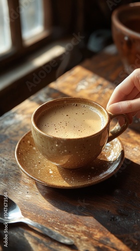 A hand holding a warm cup of coffee on a wooden table in a cozy cafe during m...
